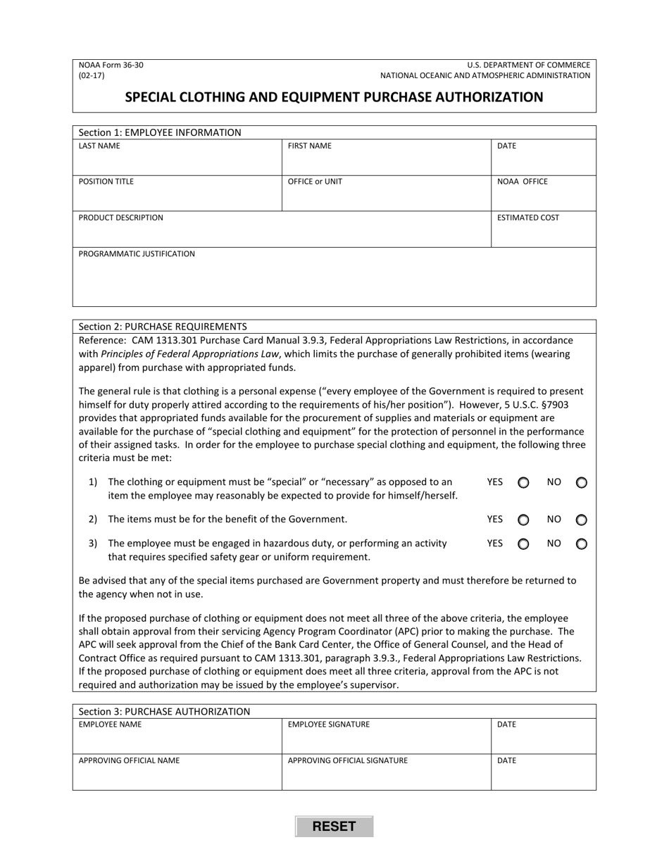 NOAA Form 36-30 Special Clotihing and Equipment Purchase Authorization, Page 1