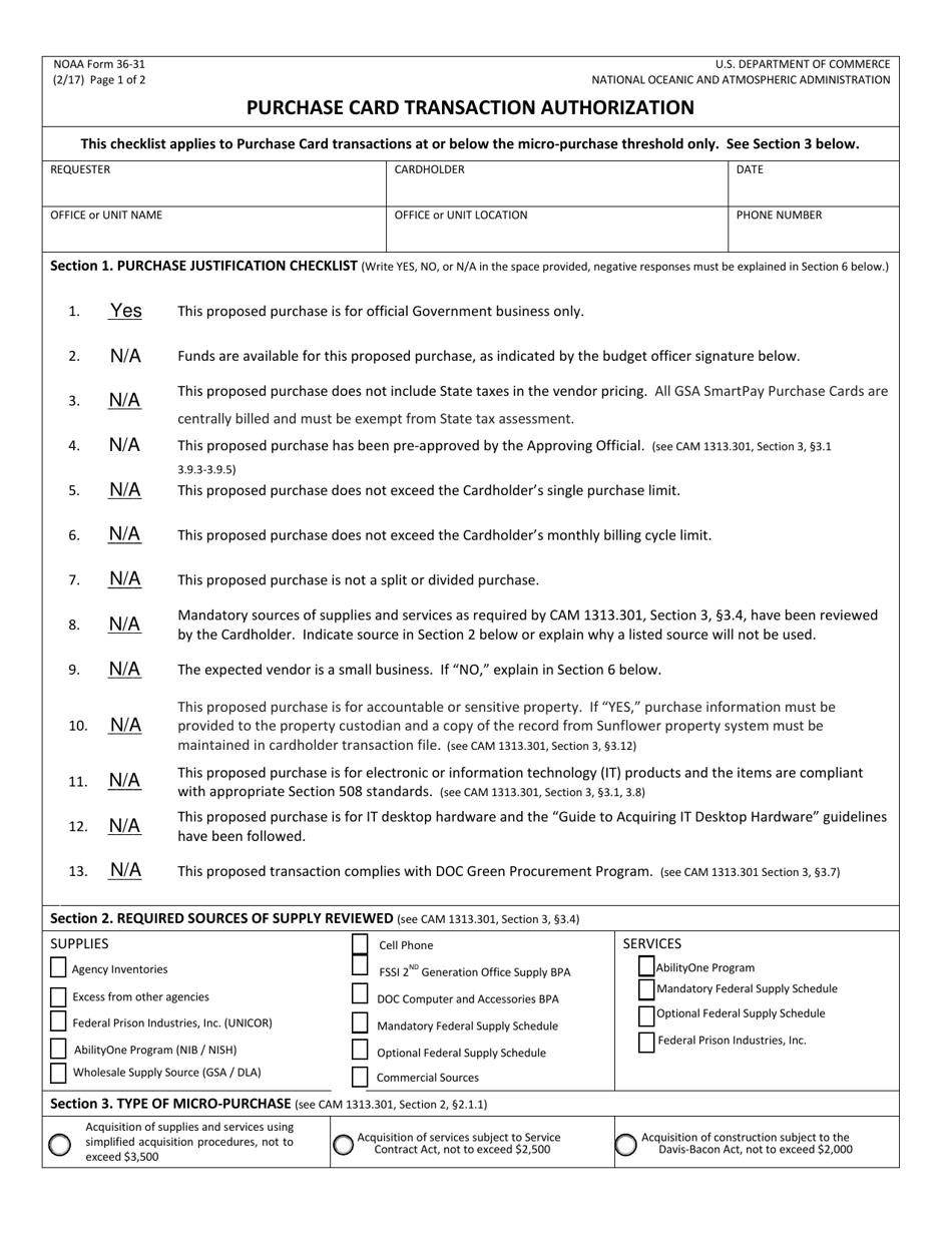 NOAA Form 36-31 Purchase Card Tranaction Authorization, Page 1