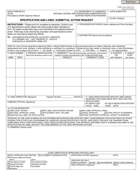 NOAA Form 89-819 Specification and Label Submittal Action Request