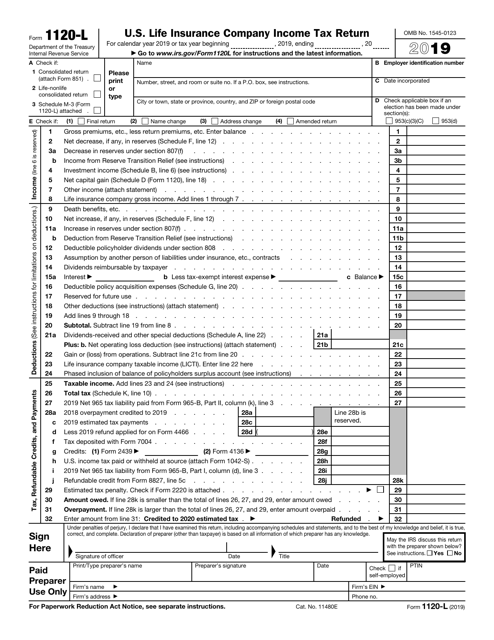 IRS Form 1120-L 2019 Printable Pdf