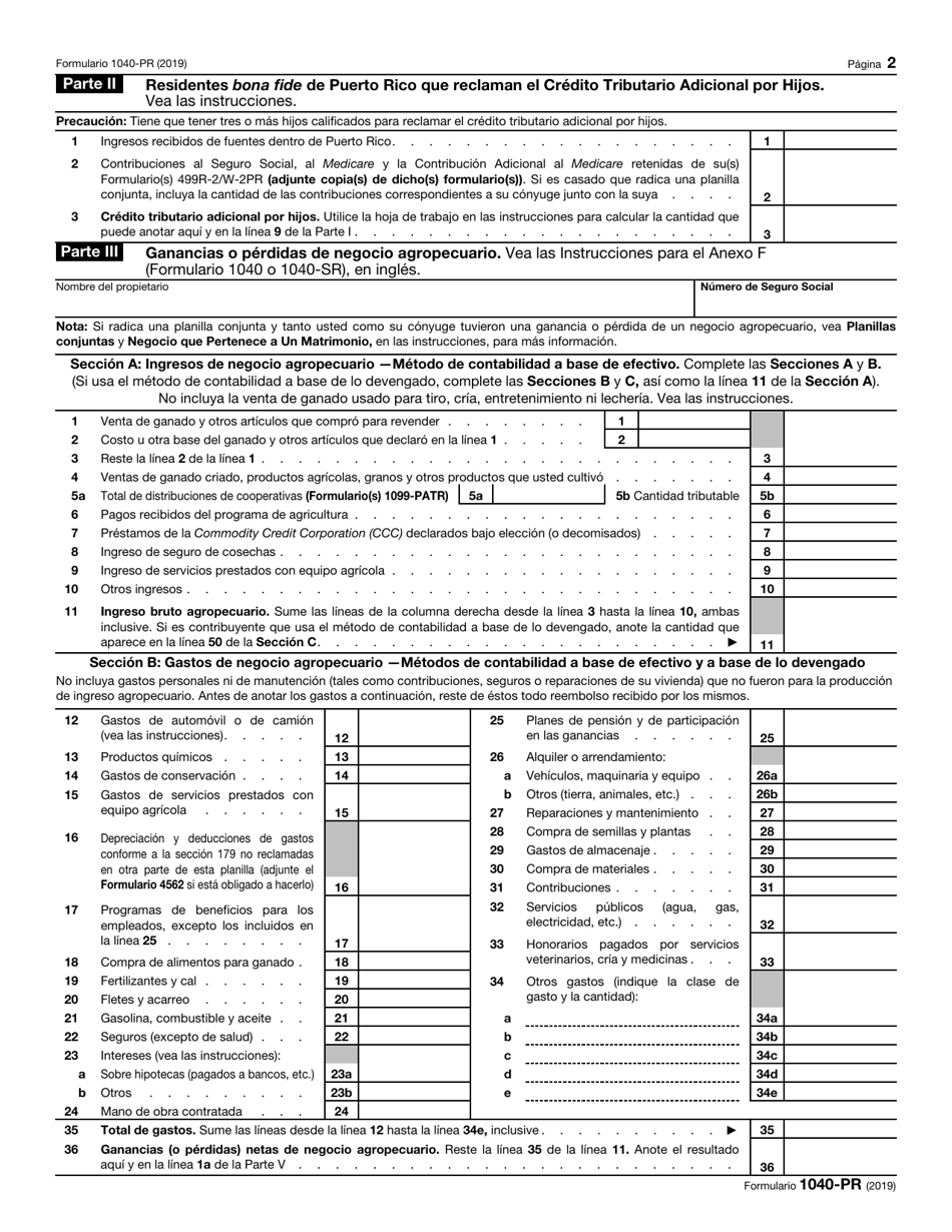 IRS Formulario 1040-PR Planilla Para La Declaracion De La Contribucion Federal Sobre El Trabajo Por Cuenta Propia (Incluyendo El Credito Tributario Adicional Por Hijos Para Residentes Bona Fide De Puerto Rico) (Puerto Rican Spanish), Page 2