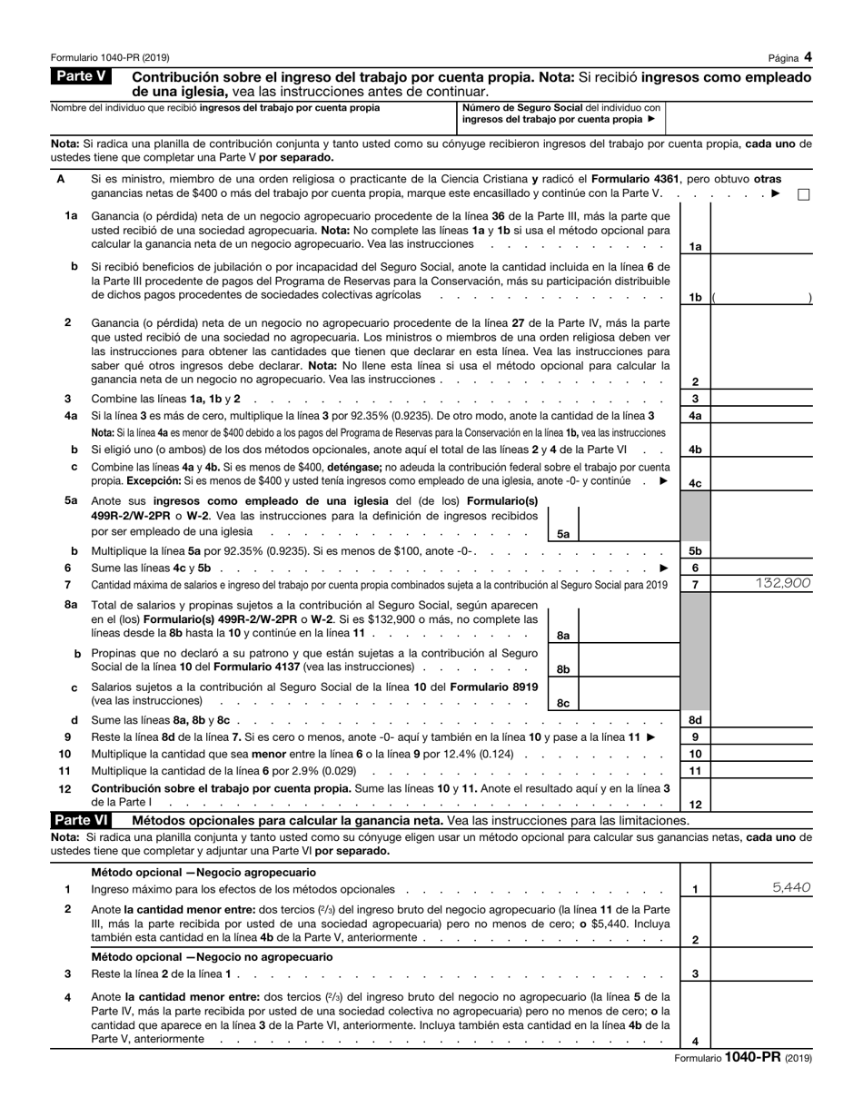 IRS Formulario 1040-PR Planilla Para La Declaracion De La Contribucion Federal Sobre El Trabajo Por Cuenta Propia (Incluyendo El Credito Tributario Adicional Por Hijos Para Residentes Bona Fide De Puerto Rico) (Puerto Rican Spanish), Page 4
