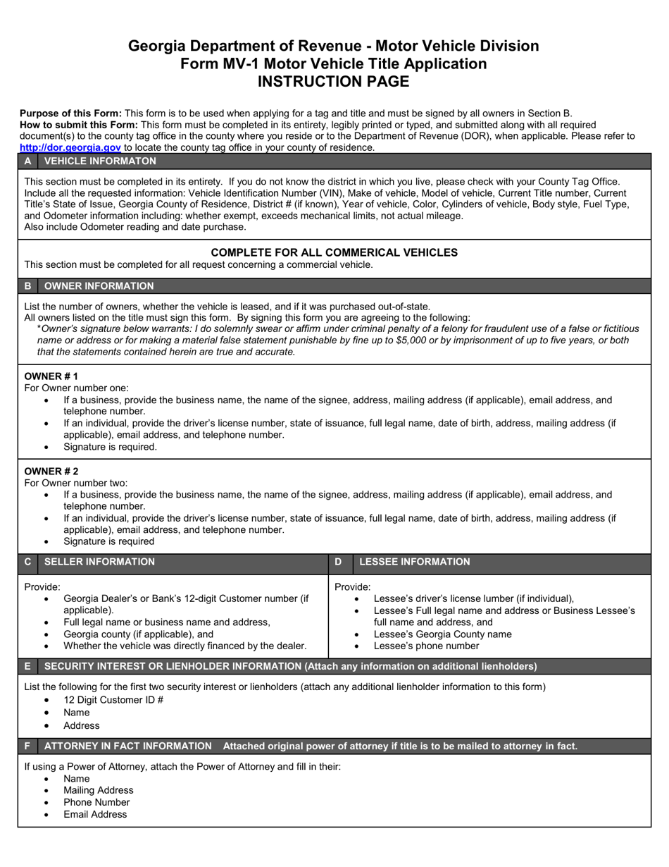 Form MV-1 Motor Vehicle Title Application - Georgia (United States), Page 2