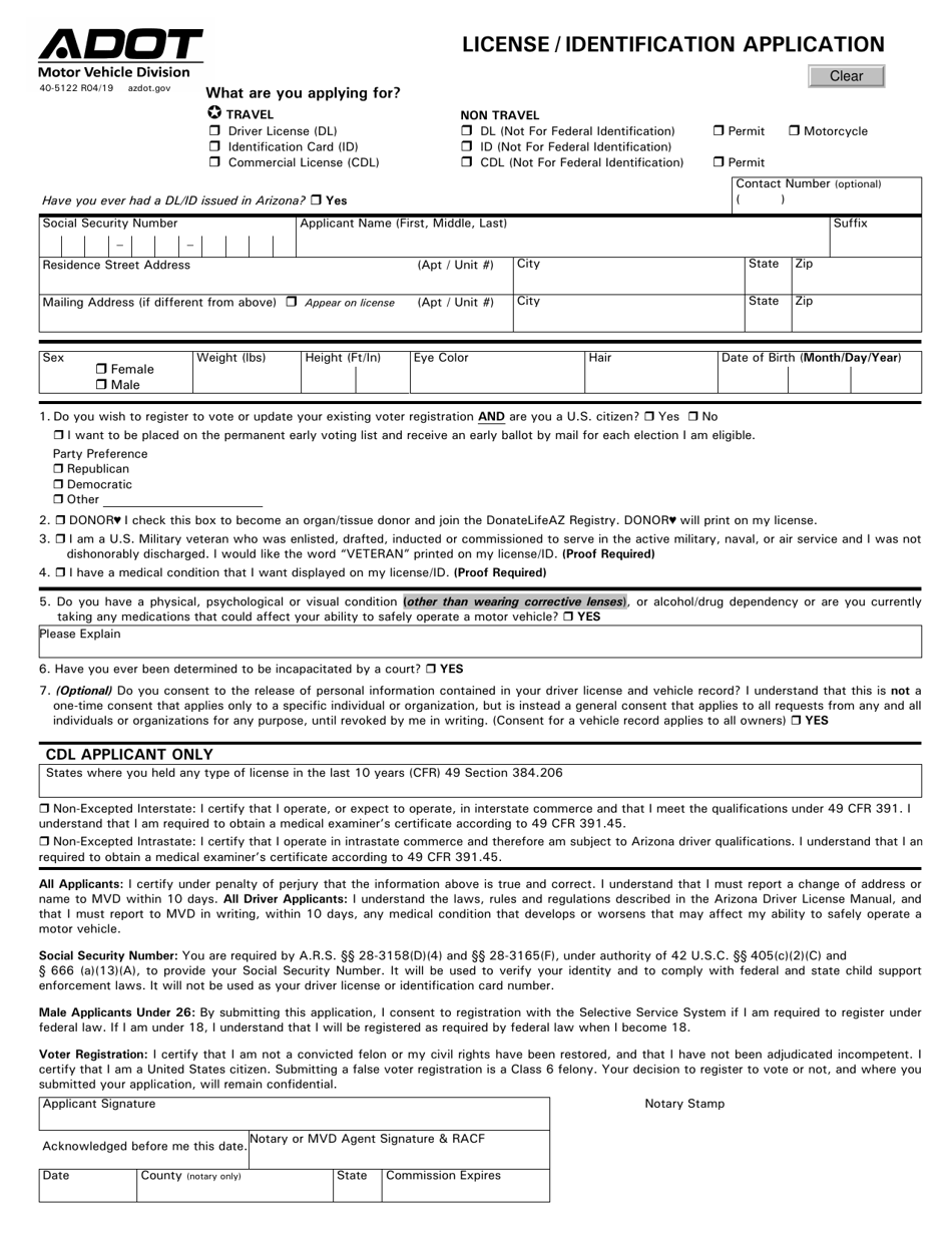 Form 40-5122 Driver License / Identification Card Application - Arizona, Page 1
