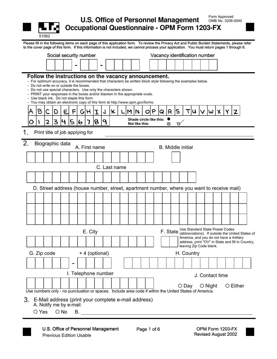 OPM Form 1203-FX Occupational Questionnaire, Page 2