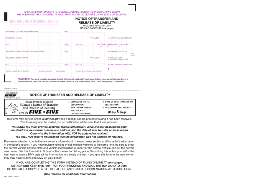 Form REG138 Notice of Transfer and Release of Liability - California, Page 1