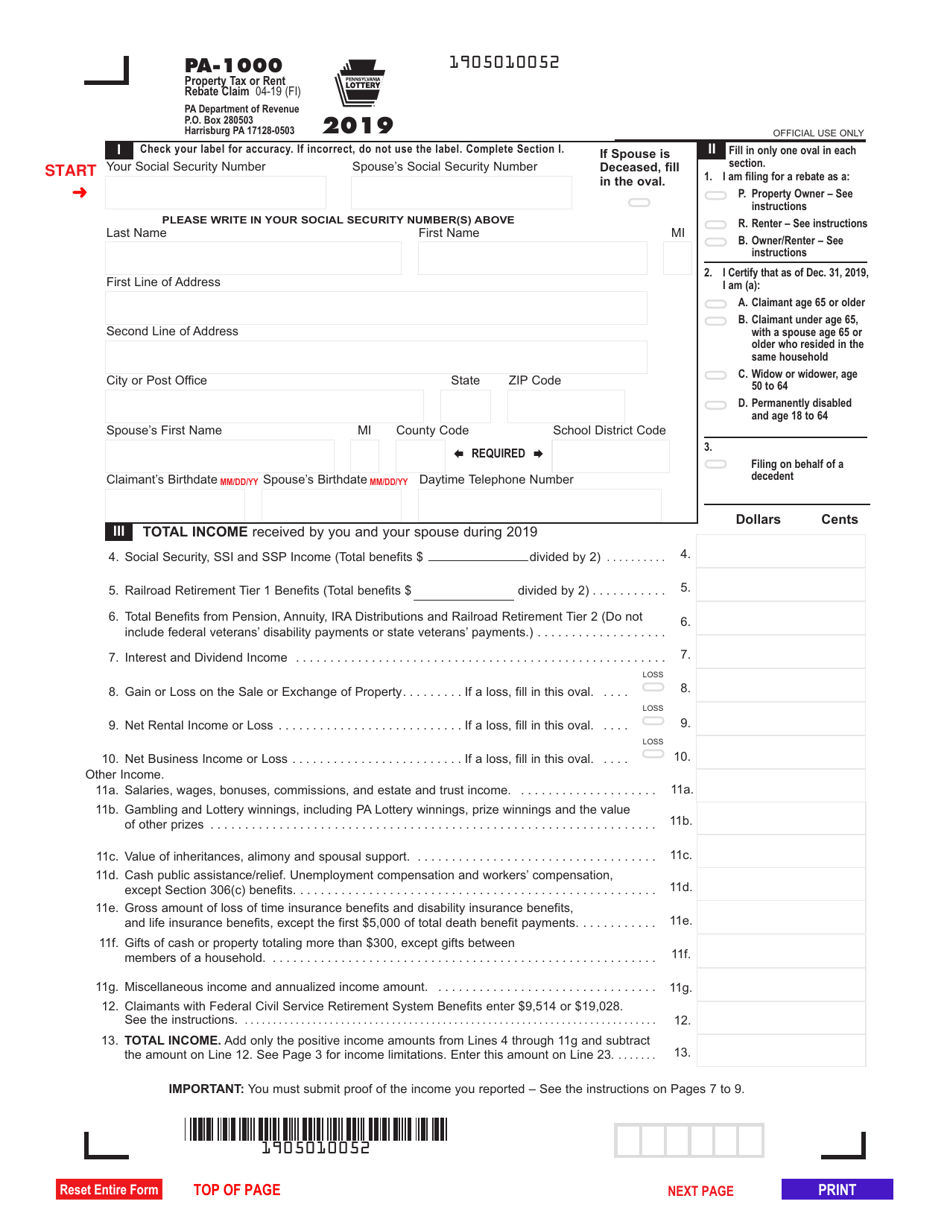 Form PA-1000 Property Tax or Rent Rebate Claim - Pennsylvania, Page 1