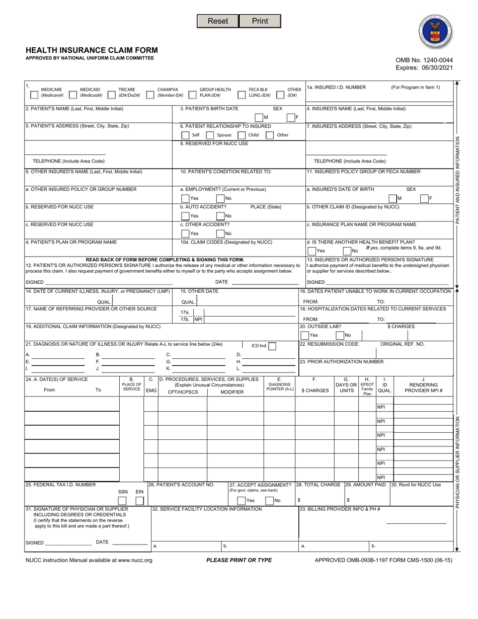 Form CMS-1500 Health Insurance Claim Form, Page 1