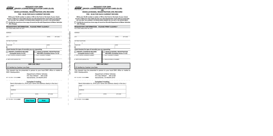 Form INF1125 Request for Own Driver License or Identification Card (Dl / Id) or Vehicle / Vessel Registration (Vr) Record - California, Page 1