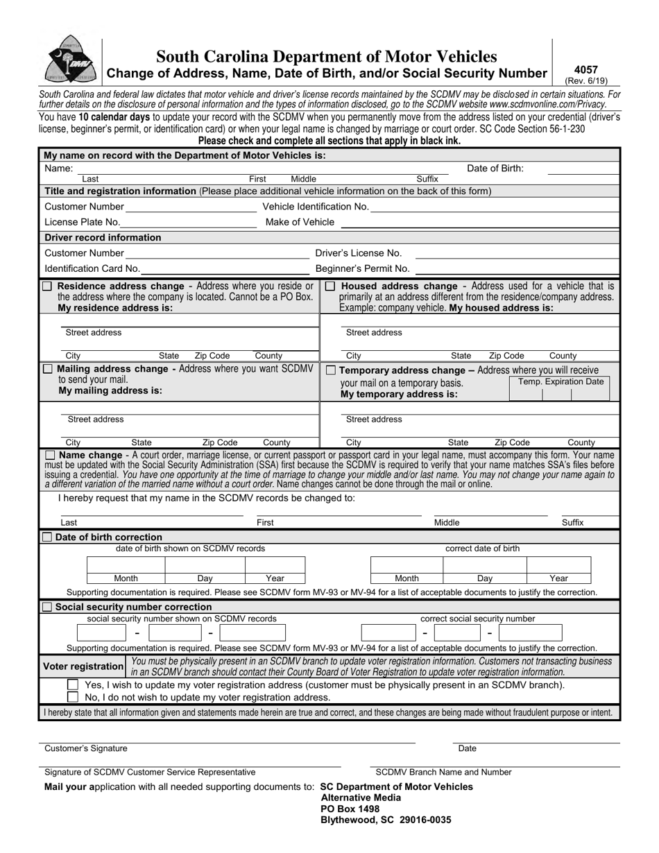 Form 4057 Change of Address, Name, Date of Birth, and / or Social Security Number - South Carolina, Page 1