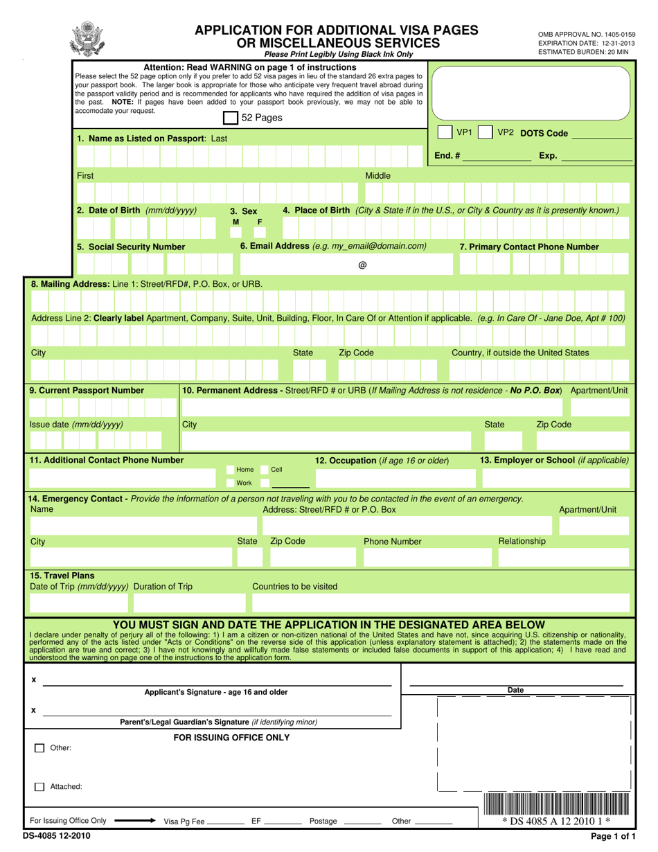Form DS-4085 Application for Additional Visa Pages or Miscellaneous Services, Page 4