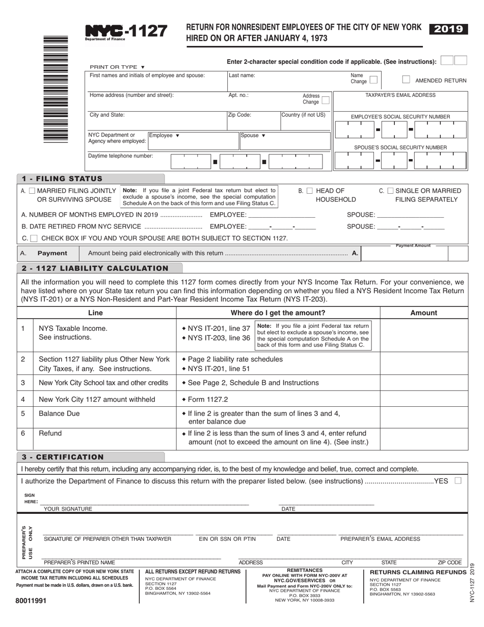 Form NYC-1127 Return for Nonresident Employees of the City of New York - New York City, Page 1