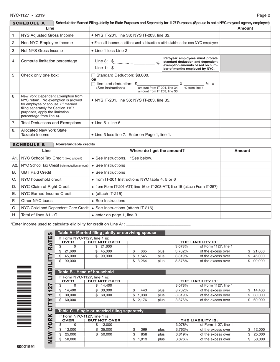 Form NYC-1127 Return for Nonresident Employees of the City of New York - New York City, Page 2