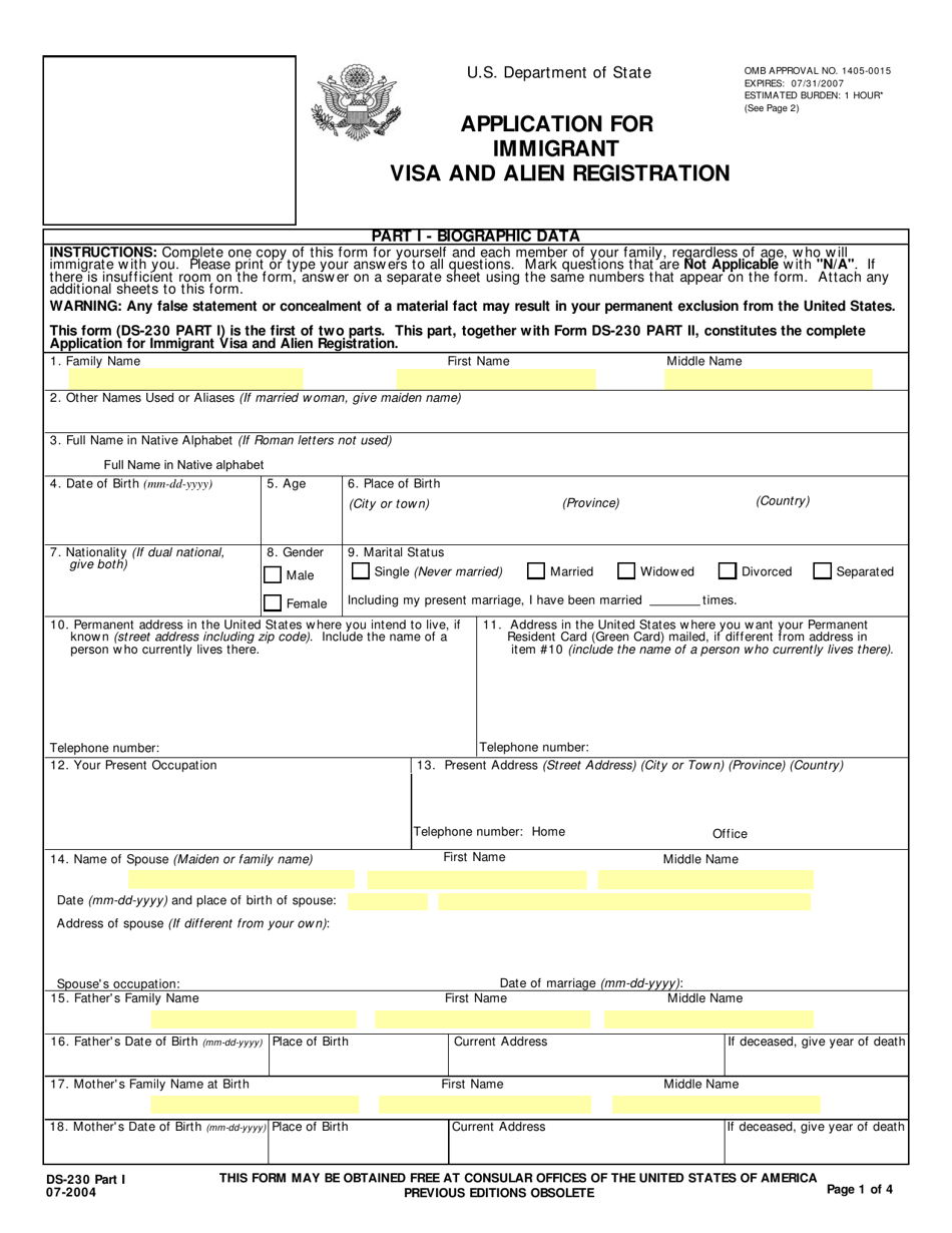Form DS-230 Application for Immigrant Visa and Alien Registration, Page 1