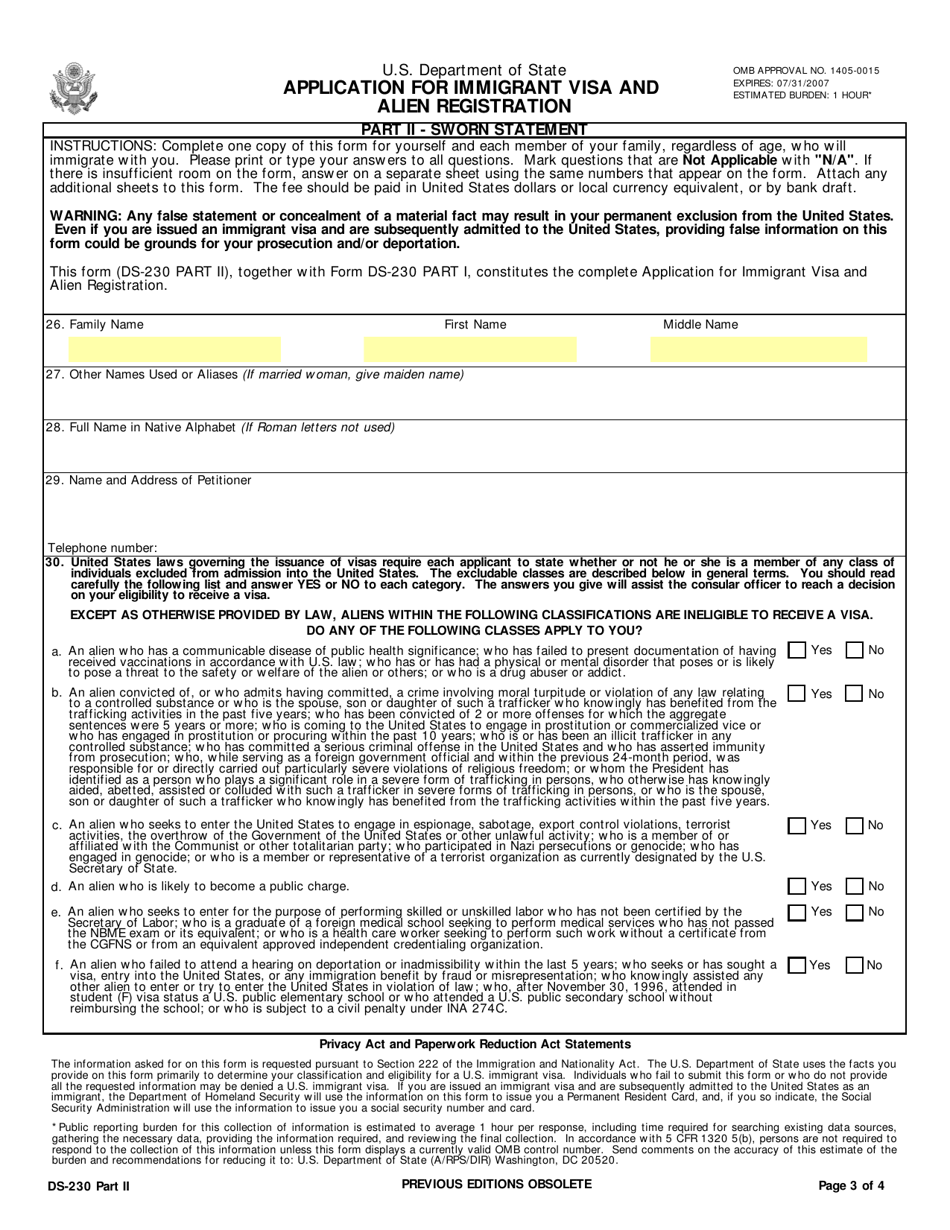 Form DS-230 - Fill Out, Sign Online and Download Fillable PDF ...