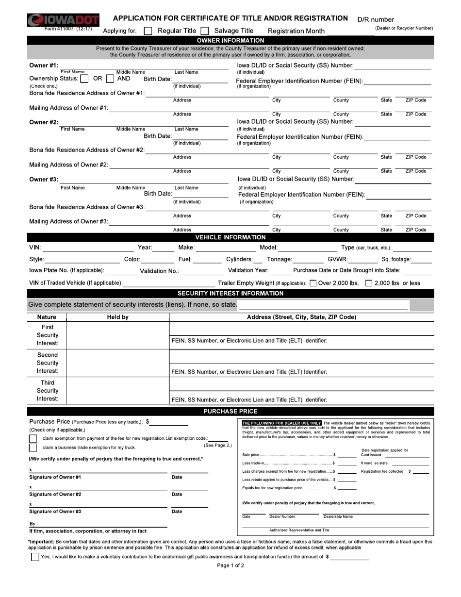 Form 411007 Application for Certificate of Title and / or Registration - Iowa, Page 1