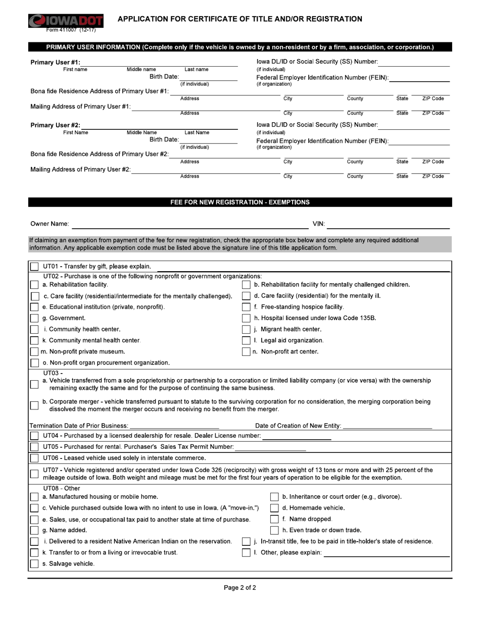 Form 411007 Application for Certificate of Title and / or Registration - Iowa, Page 2