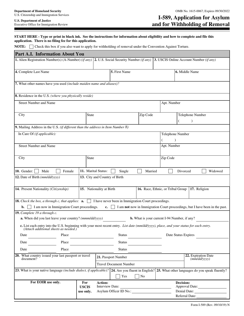 USCIS Form I-589 Application for Asylum and for Withholding of Removal, Page 1