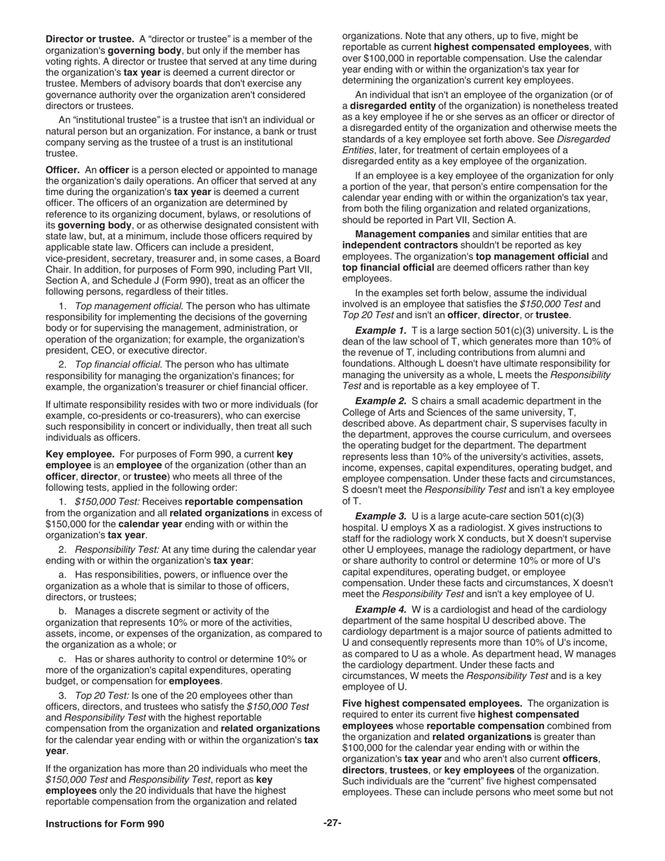 Instructions for IRS Form 990 Return of Organization Exempt From Income Tax, Page 27
