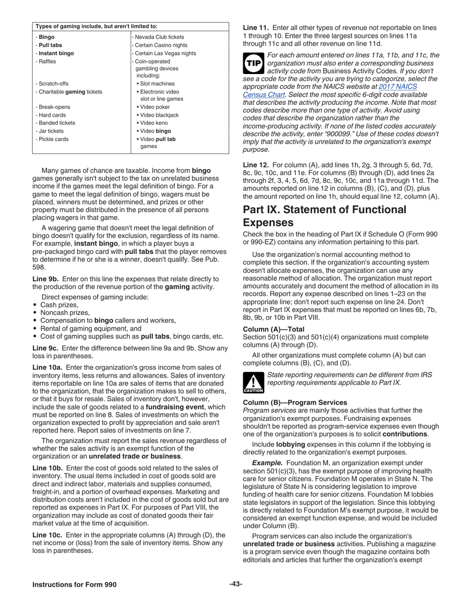 Instructions for IRS Form 990 Return of Organization Exempt From Income Tax, Page 43