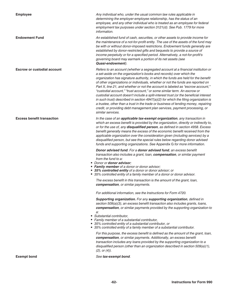 Instructions for IRS Form 990 Return of Organization Exempt From Income Tax, Page 62