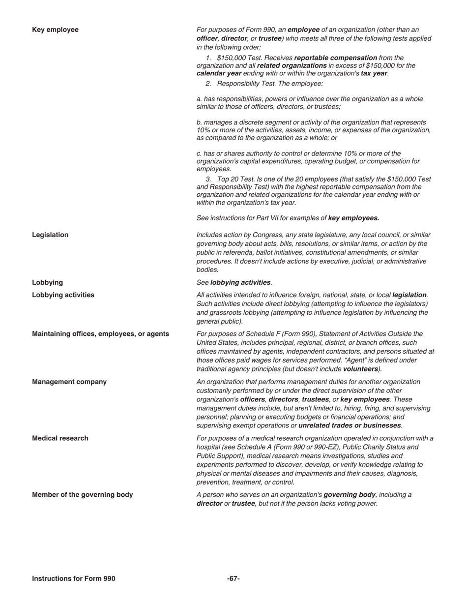 Instructions for IRS Form 990 Return of Organization Exempt From Income Tax, Page 67