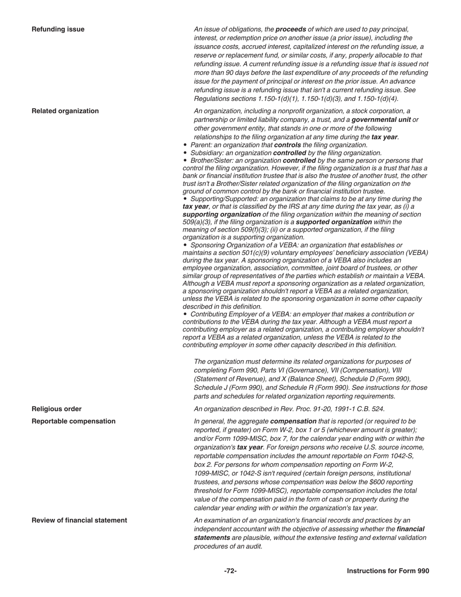 Instructions for IRS Form 990 Return of Organization Exempt From Income Tax, Page 72