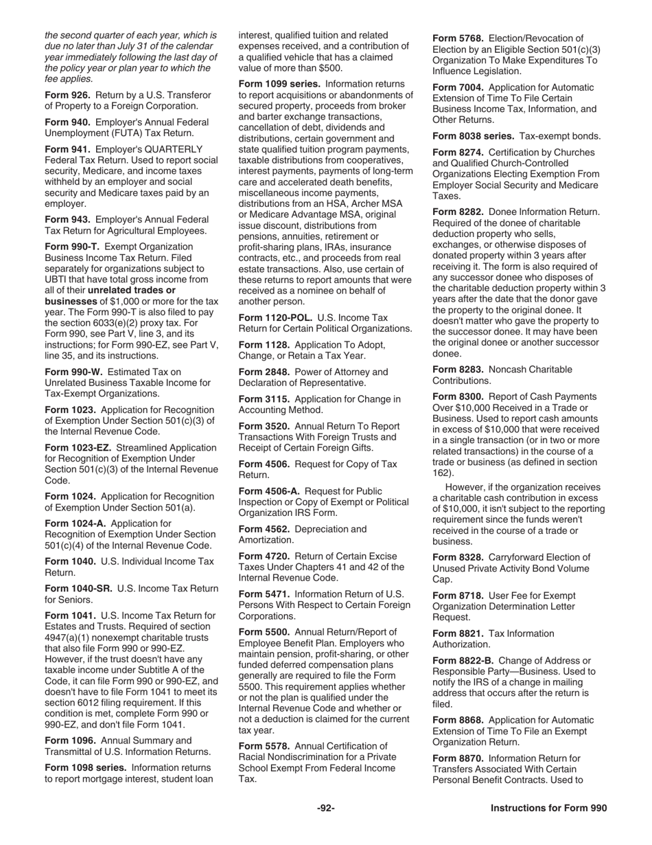 Instructions for IRS Form 990 Return of Organization Exempt From Income Tax, Page 92