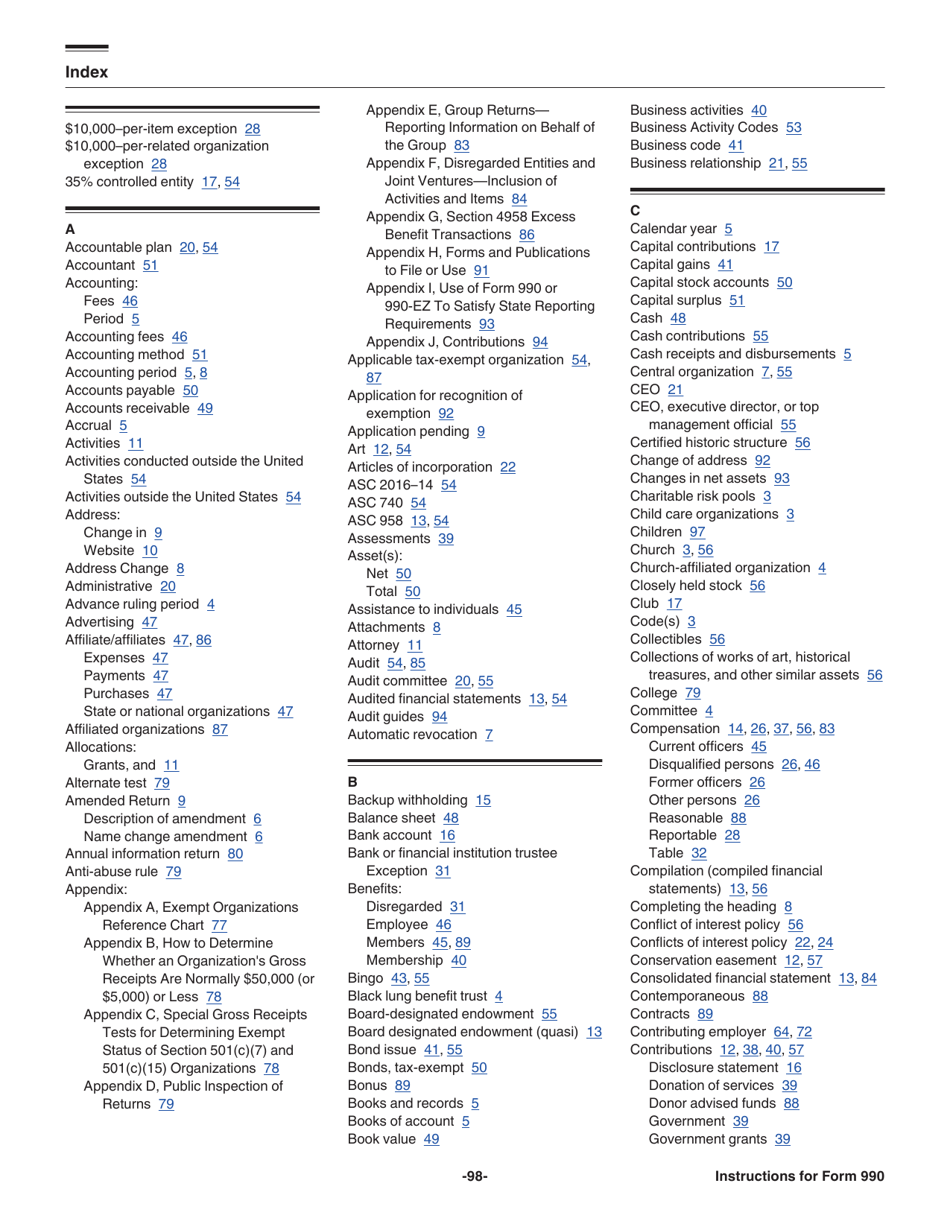 Instructions for IRS Form 990 Return of Organization Exempt From Income Tax, Page 98