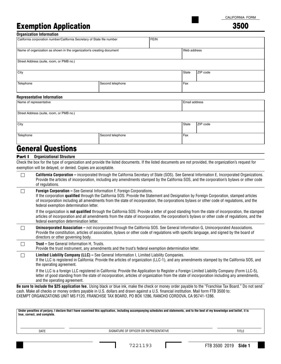 Form FTB3500 Exemption Application - California, Page 1
