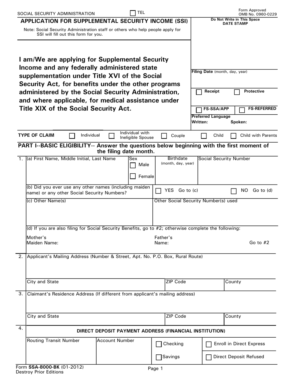 Form SSA-8000-BK Application for Supplemental Security Income (Ssi), Page 1