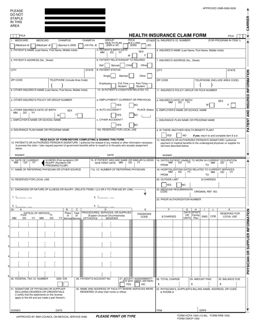 Form HCFA 1500 Download Printable PDF Or Fill Online Health Insurance 