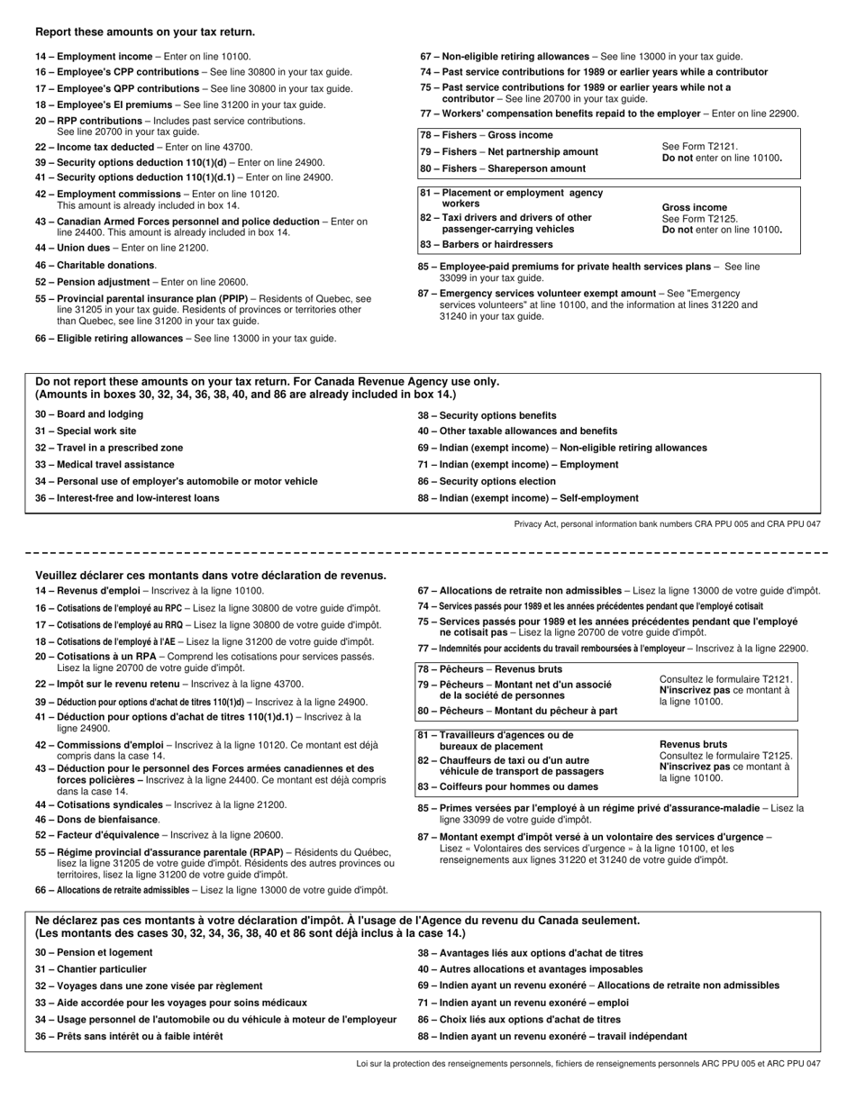 Form T4 Statement of Remuneration Paid - Canada (English / French), Page 2