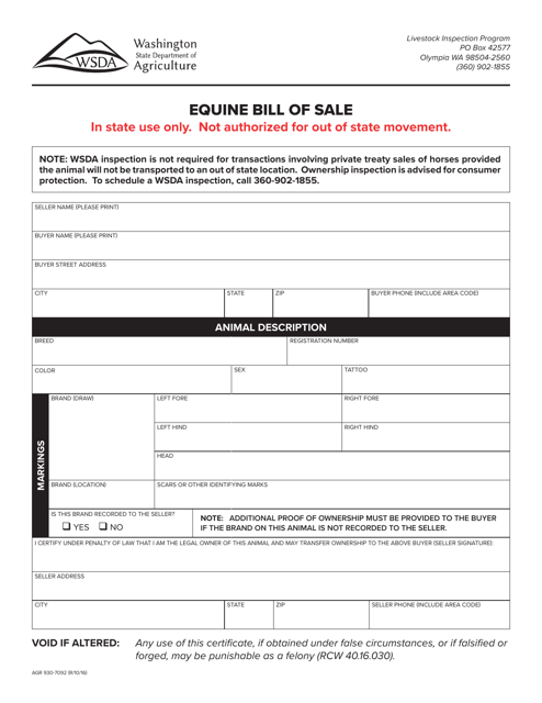 AGR Form 930-7092 Equine Bill of Sale - Washington
