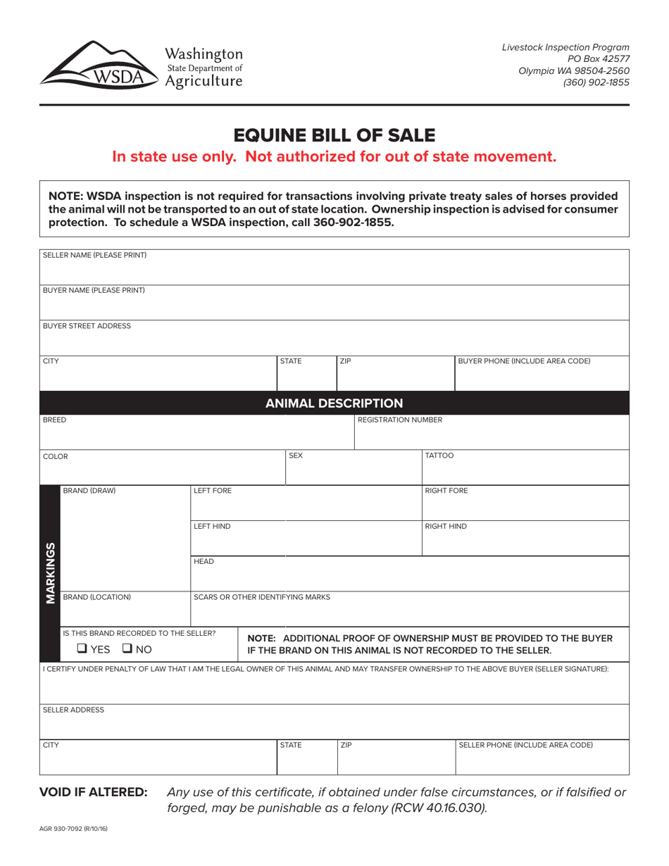 AGR Form 930-7092 Equine Bill of Sale - Washington, Page 1