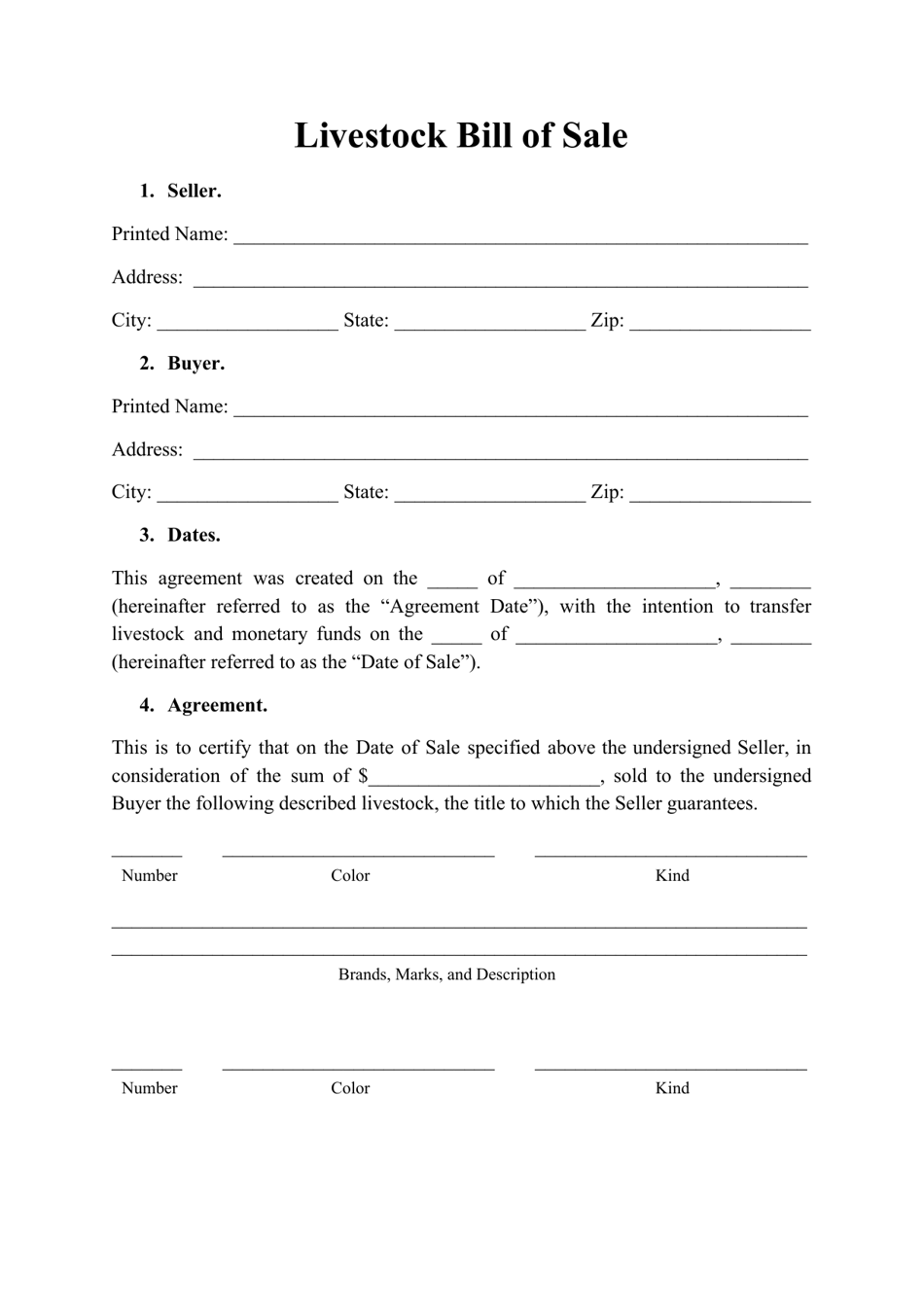 Livestock Bill of Sale Form, Page 1