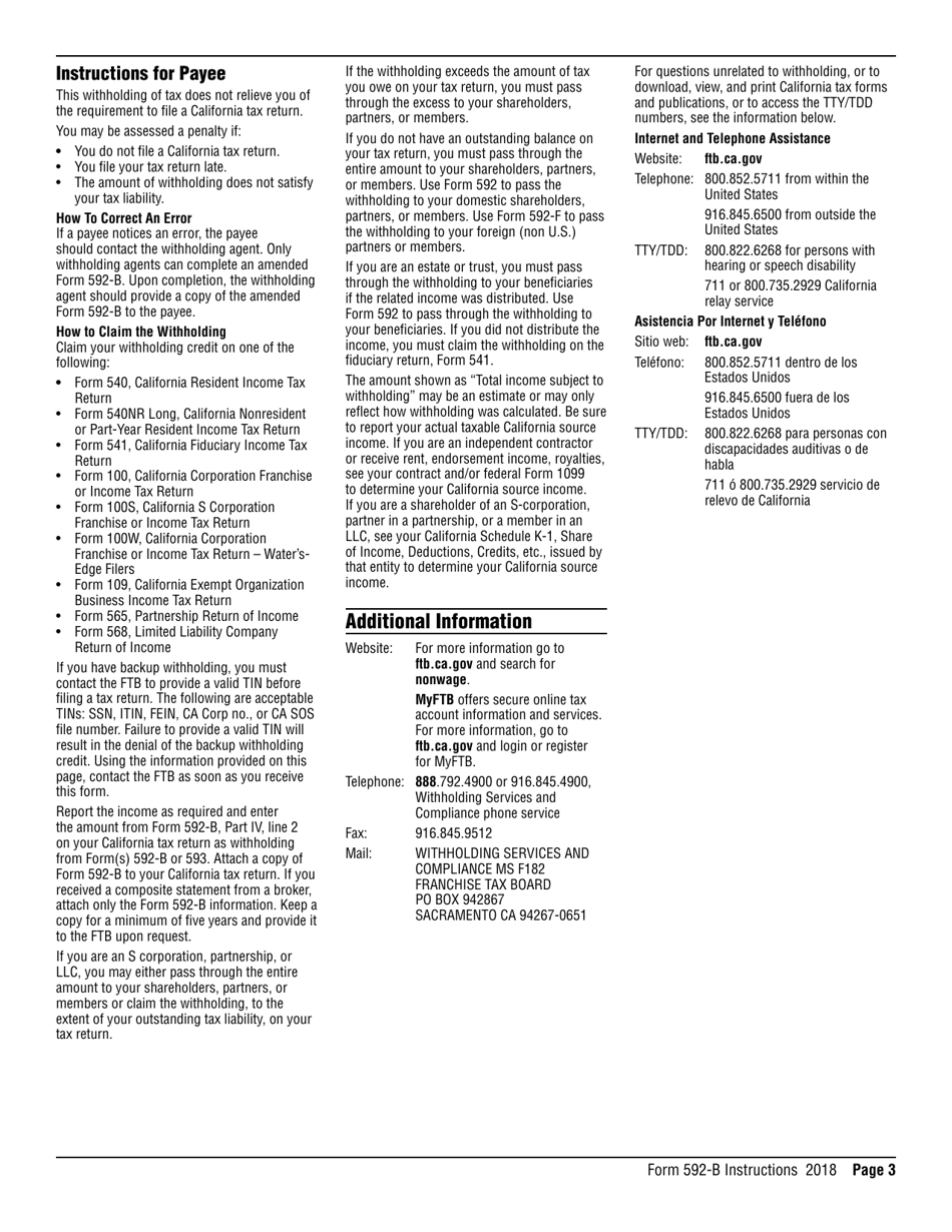 Form 592-B Resident and Nonresident Withholding Tax Statement - California, Page 3