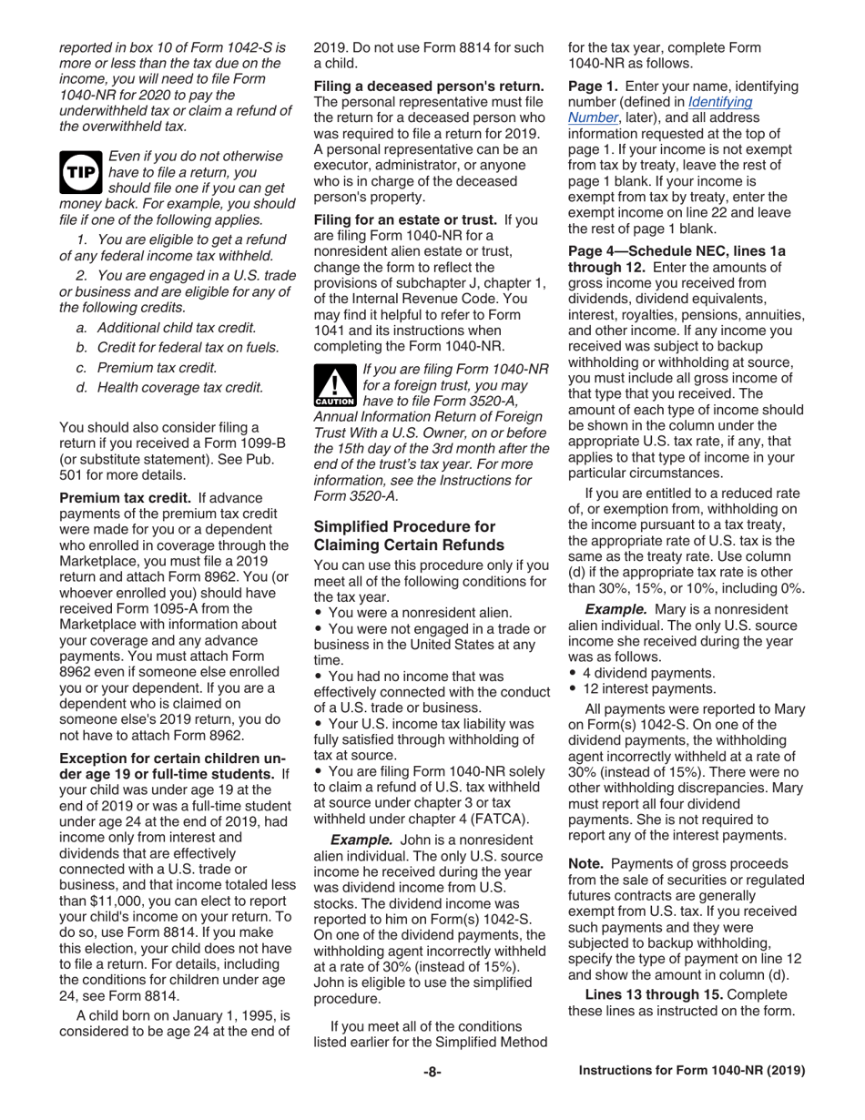 Instructions for IRS Form 1040-NR U.S. Nonresident Alien Income Tax Return, Page 8