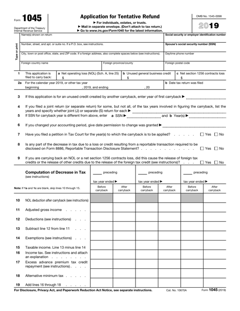 IRS Form 1045 2019 Printable Pdf