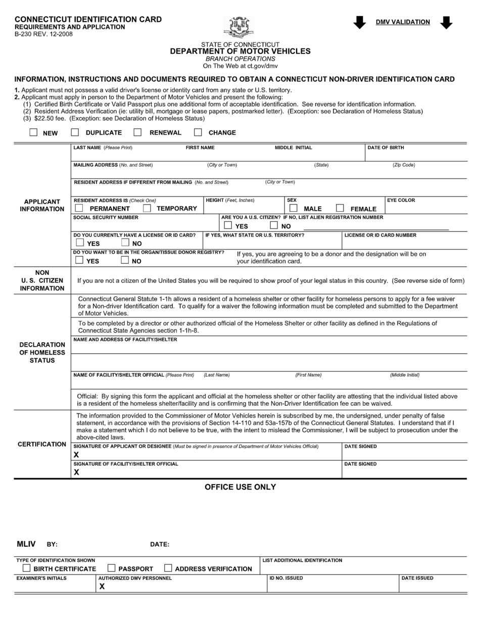 Form B-230 Connecticut Identification Card Requirements and Application - Connecticut, Page 1