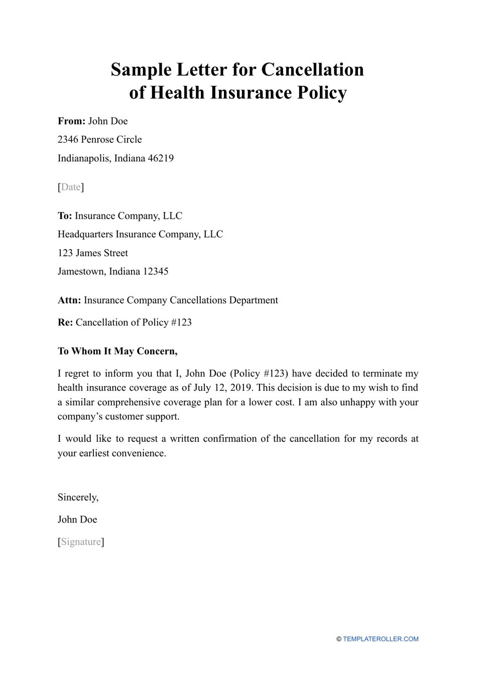 Sample Letter For Cancellation Of Health Insurance Policy Download Printable Pdf Templateroller