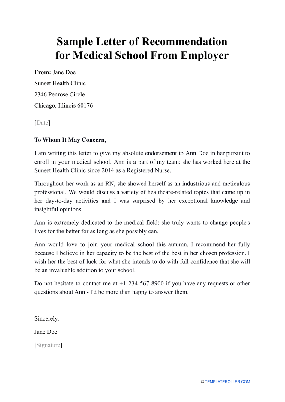 Sample Letter Of Recommendation For Medical School From Employer 