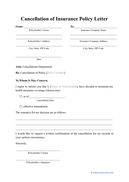 "Cancellation of Insurance Policy Letter Template" Download Pdf
