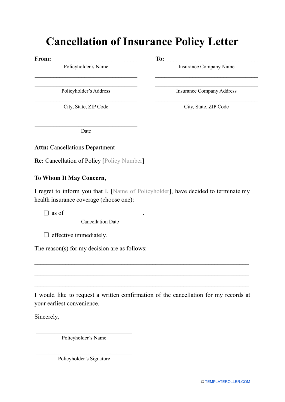 Cancellation Of Insurance Policy Letter Template Download Printable PDF 