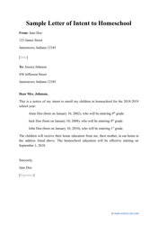 Document preview: Sample Letter of Intent to Homeschool