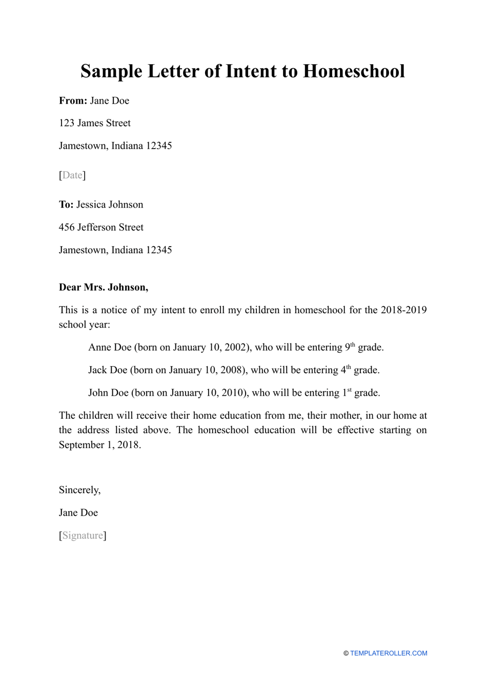 Sample Letter Of Intent To Homeschool Download Printable PDF 