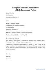 Sample &quot;Letter of Cancellation of Life Insurance Policy&quot;