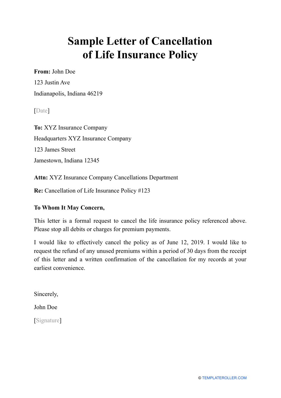 Sample Letter Of Cancellation Of Life Insurance Policy Download 