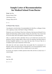 Document preview: Sample Letter of Recommendation for Medical School From Doctor