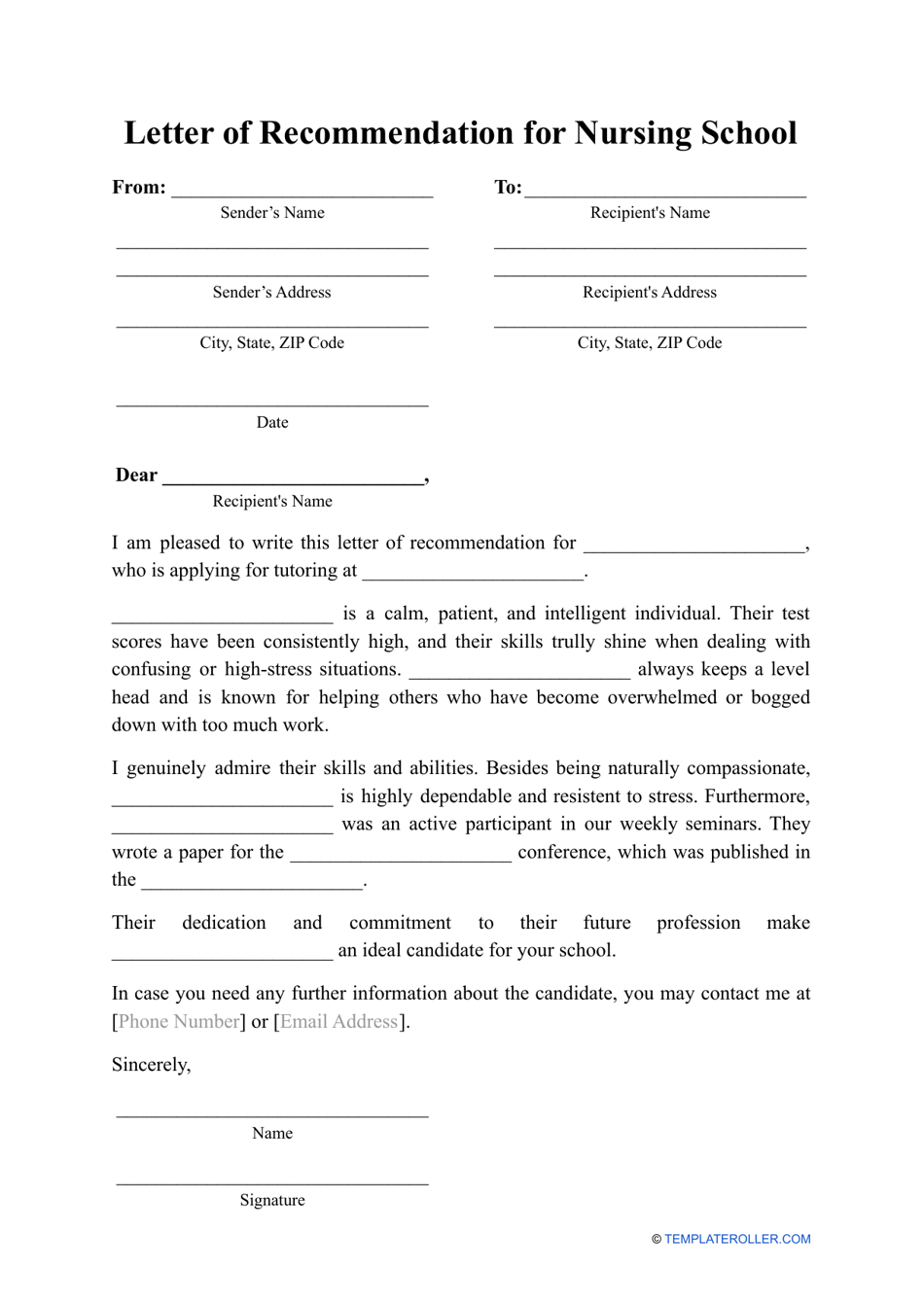 Letter of Recommendation for Nursing School Template